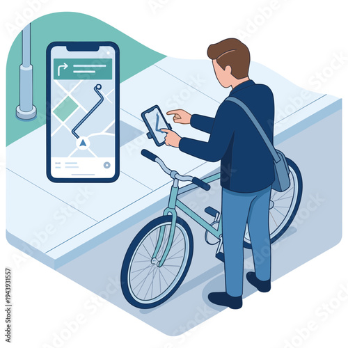 Man riding bicycle checks smartphone navigation map on road