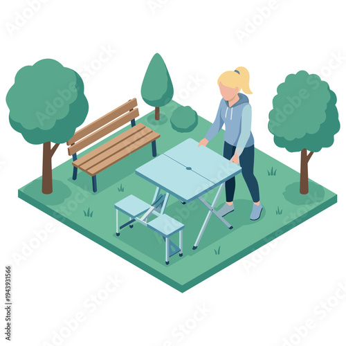 Woman sets up outdoor table and bench in park surrounded by trees.