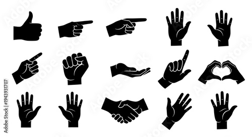 A collection of various hand gestures and signs on a white background