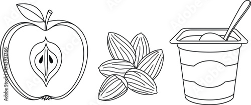 Simple outline vector illustration set of healthy food items featuring a sliced apple almonds and yogurt perfect for diet nutrition and wellness concepts