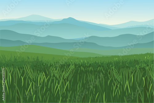 Green rolling hills and layered blue mountains under a clear sky close-up grass foreground stock illustration