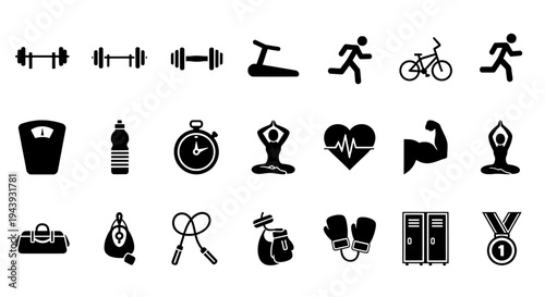 A collection of fitness icons on a white background for healthy lifestyle
