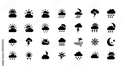 A collection of various weather icons on a white background