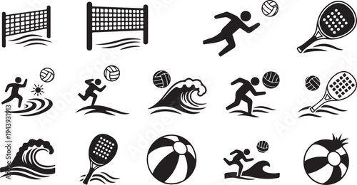 Black and white beach volleyball icons and symbols set
