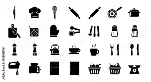 A collection of kitchen utensils and appliances on a white background