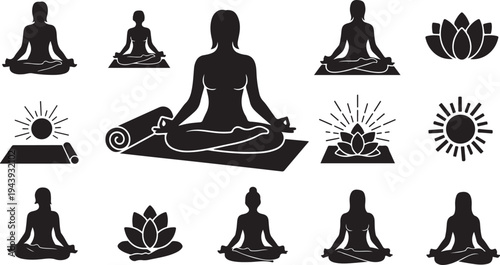 Yoga icons featuring a woman in various meditation poses
