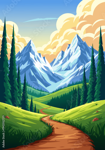 Serene Mountain Path Vector Illustration A Majestic Landscape Scene with Snow-Capped Peaks and Lush Greenery