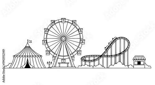 Amusement park vector illustration with Ferris wheel, roller coaster and circus tent, graphic design for entertainment and fun