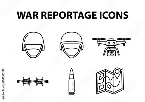 War Reportage Icons Vector Illustration Featuring Military Helmet, Drone, Barbed Wire, Bullet, and Map