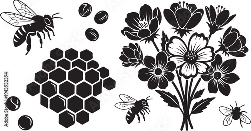 Black and white illustration of bees and flowers with honeycomb