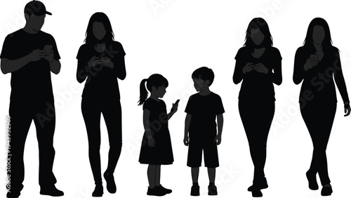 Silhouettes of family and people using smartphones together standing in a row isolated on white for phone addiction and technology concept