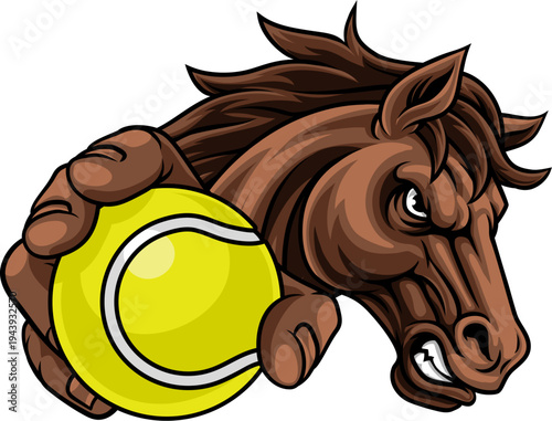 Horse mustang bronco stallion angry tennis sports team mascot holding a ball.