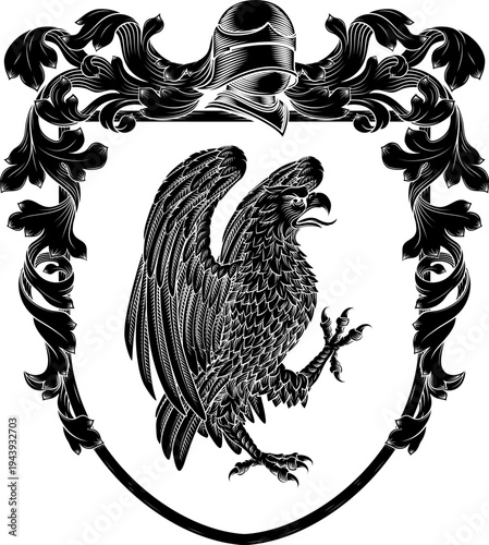 An eagle, hawk or falcon coat of arms or crest family heraldry medieval heraldic bird animal knight shield with helmet and acanthus filigree scroll ornament in a vintage woodcut style.