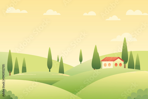 Italian Countryside Landscape with Cypress Trees and Villa Warm Sky