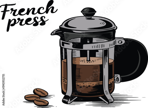 Vintage hand drawn sketch of French press with coffee beans isolated on white background vector