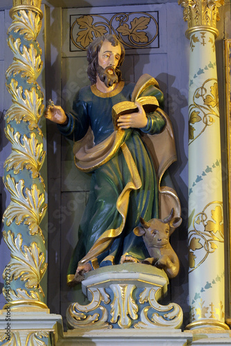 Saint Luke the Evangelist, statue on High altar in the Parish Church of Exaltation of the Holy Cross in Kriz, Croatia