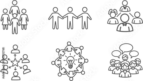 Line art icons depicting various aspects of people interaction, teamwork, communication, and community building in a business or social context.