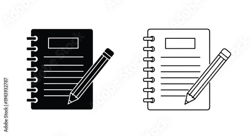 Notebook and Pencil Icon Set for Digital Design - Line and glyph icon set - Minimalist, flat icon, outline, glyph, linear, clipart, sticker - icon set