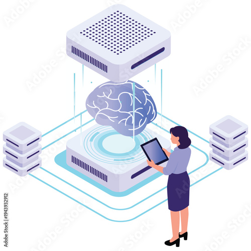 AI Isometrik Illustration. Vector illustration of Artificial intelligence analyzing a digital brain with servers and data systems representing neural network processing. Isolated on background