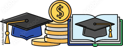 Illustration of graduation caps, stacked coins with a dollar sign, and an open book, symbolizing education costs and financial aid.