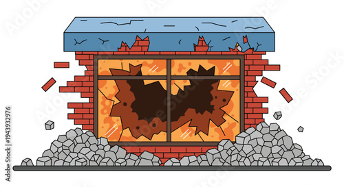 Damaged brick building with broken window and rubble on the ground outside