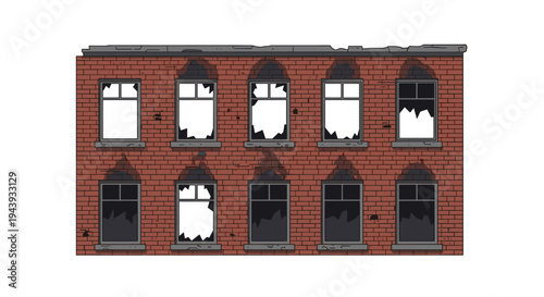 Abandoned red brick building with broken windows on facade