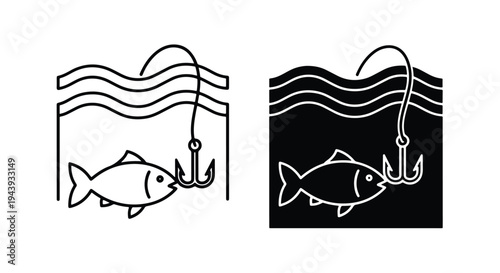 Fishing Icons with Fish and Hooks Set - Line and glyph icon set - Minimalist, flat icon, outline, glyph, linear, clipart, sticker - icon set