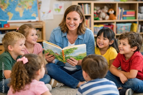 Teacher reading story book to happy children in classroom learning together education activity time