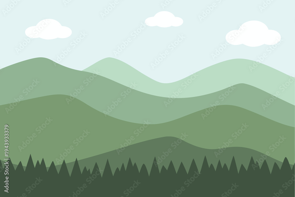 Obraz premium Layered green mountains with pine trees and clouds minimalist landscape illustration