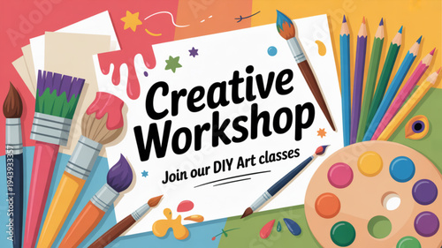 Colorful art supplies for creative workshop classes with paints and pencils