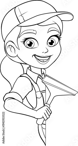 A woman female window cleaner or car wash worker holding a squeegee cleaning tool.