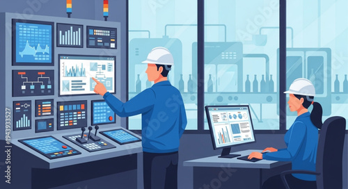 Industrial workers at control panel.