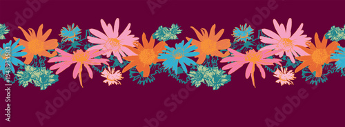 Seamless horizontal floral border with retro daisy flowers on a dark burgundy background. Vintage 70s hippie style botanical pattern for decorative ribbon, fabric trim, and washi tape.