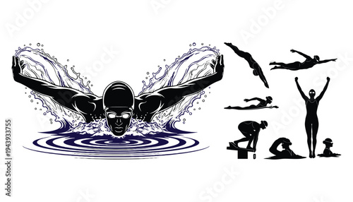 Woman Swimmer Silhouette Freestyle Stroke Icon Vector Art