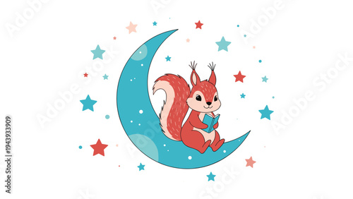 Whimsical illustration of a cute squirrel sitting on a crescent moon reading a book surrounded by colorful stars and space dots.