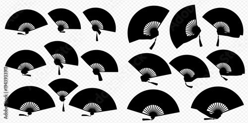 Set of traditional Japanese or Chinese hand fans in various open and closed positions, black and white vector illustration.