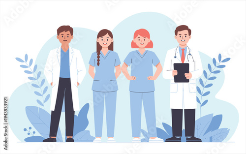 Four medical professionals standing in a row with plants