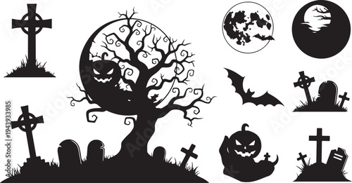 Halloween Silhouette Set with Tree, Pumpkins, and Gravestones Black