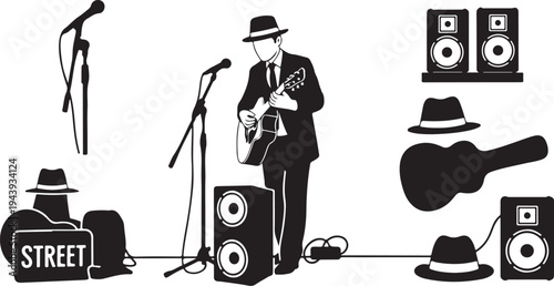 Musician Performing on Street with Guitar and Microphone Stand