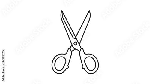 Black and white line icon of open scissors representing office supplies cutting tools and professional tailoring equipment on white background.