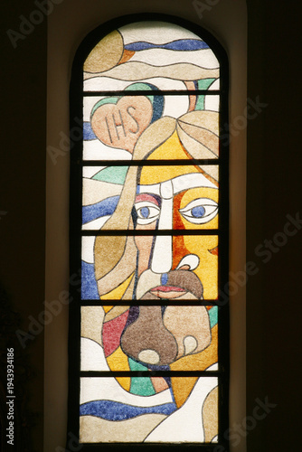 The mystery of the Heart of Jesus, stained glass window in parish church Assumption of the Virgin Mary in Pregrada, Croatia