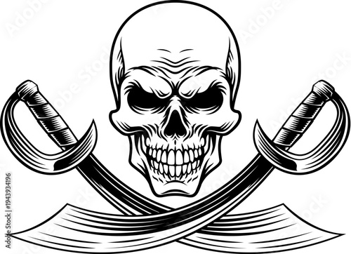 Pirate skull crossbones with crossing sabers or scimitar cutlass pirate swords. In a vintage retro woodcut style.