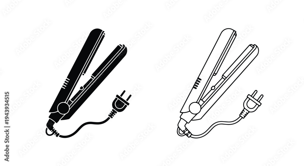 Obraz premium Flat Icons Set of Hair Straighteners with Plugs - Line and glyph icon set - Minimalist, flat icon, outline, glyph, linear, clipart, sticker - icon set