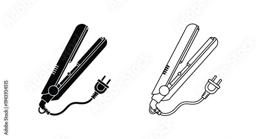 Flat Icons Set of Hair Straighteners with Plugs - Line and glyph icon set - Minimalist, flat icon, outline, glyph, linear, clipart, sticker - icon set