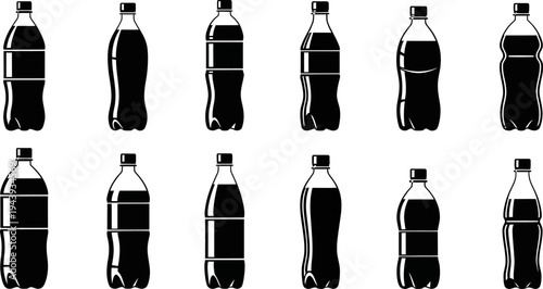A collection of twelve black silhouettes of various plastic beverage bottles, showcasing different shapes and designs.