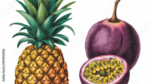 Pineapple and passion fruit illustration fresh tropical fruits on white background