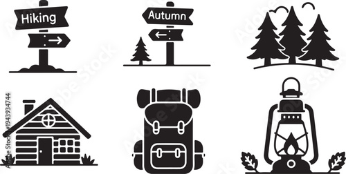Camping and hiking icons in black and white color