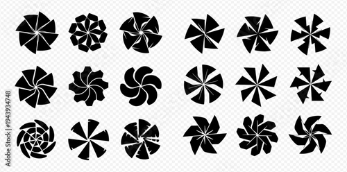 Set of black propeller and fan icons, abstract geometric shapes, wind turbine and ventilation symbols.
