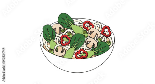 Delicious bowl of noodles with fresh vegetables and mushrooms