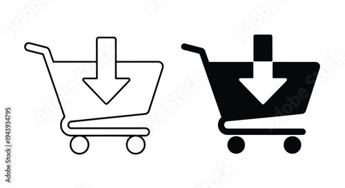 Shopping Cart Icons Set with Download Arrows - Line and glyph icon set - Minimalist, flat icon, outline, glyph, linear, clipart, sticker - icon set